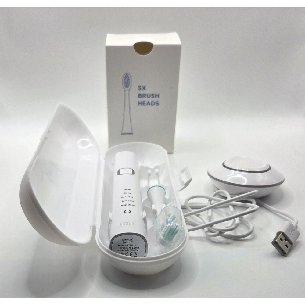 Miracle Smile Sonic Toothbrush + Travel Case + USB Charging Station + 6 Brushes